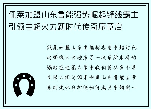 佩莱加盟山东鲁能强势崛起锋线霸主引领中超火力新时代传奇序章启