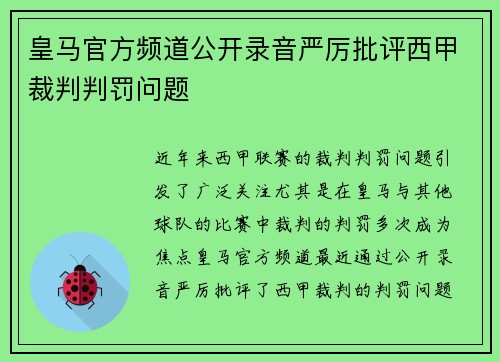 皇马官方频道公开录音严厉批评西甲裁判判罚问题